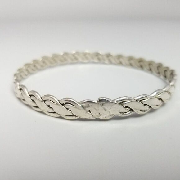 Vintage Silver Tone Braided Bangle Bracelet, Flat Woven Design, Estate - Picture 4 of 8